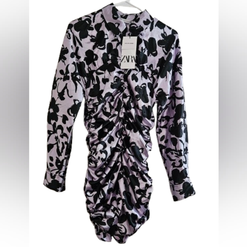 NWT ZARA SATIN LILAC BLACK THE DITA SHIRT RUCHED MINI DRESS Size M